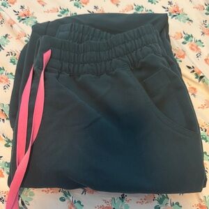Figs Dark Teal Scrub Pants with Pink Accents